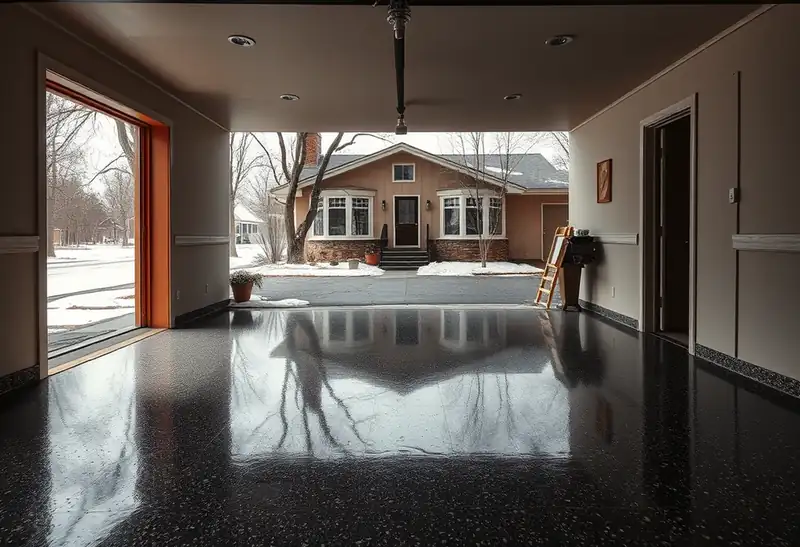 Illustration of garage floor with a glossy flake epoxy coating in a 1953-era home