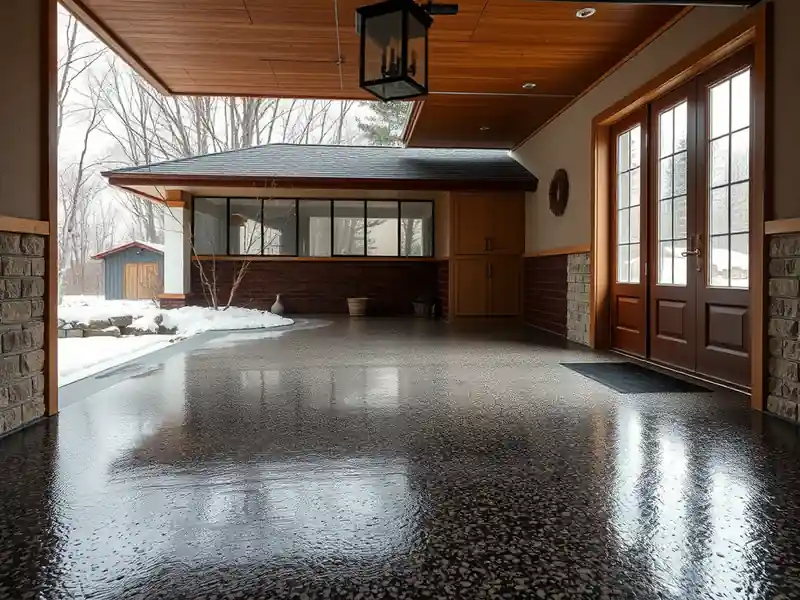 Illustration of close-up of materials and finishes of garage floor with a glossy flake epoxy coating in a 1953-era home