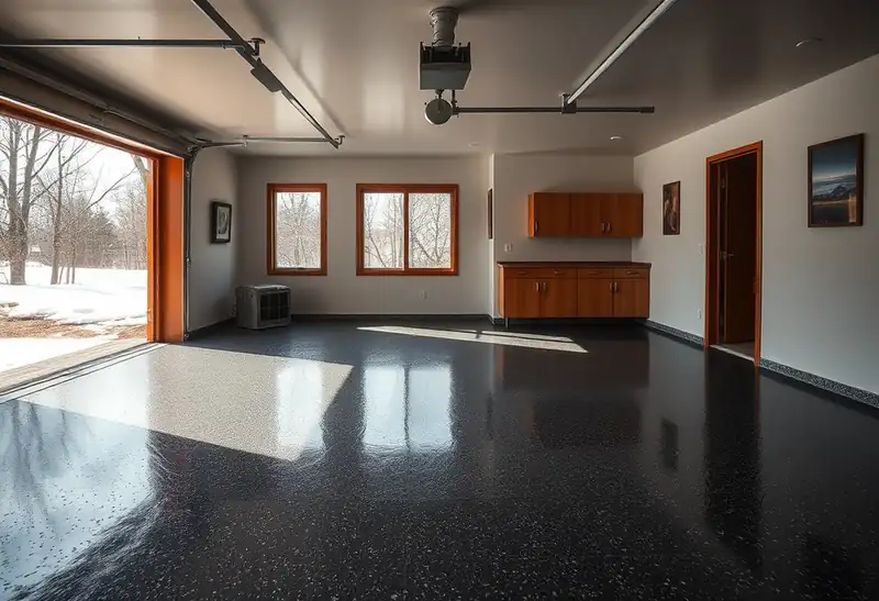 Illustration of garage floor with a glossy flake epoxy coating in a 1953-era home