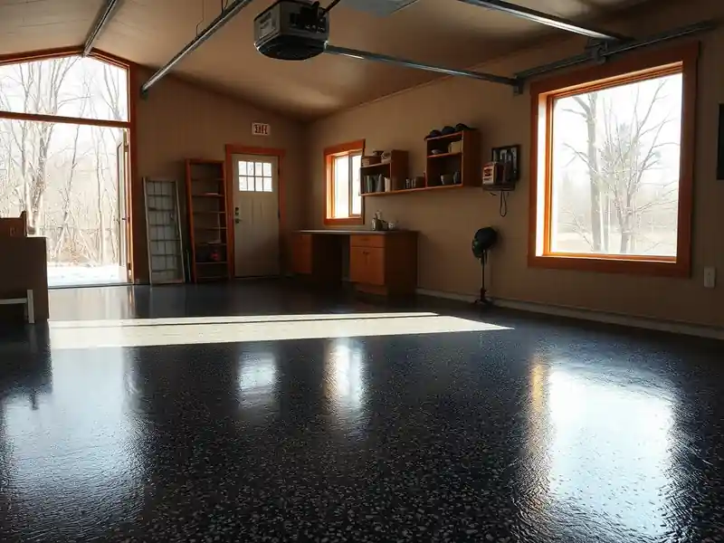 Illustration of close-up of materials and finishes of garage floor with a glossy flake epoxy coating in a 1953-era home