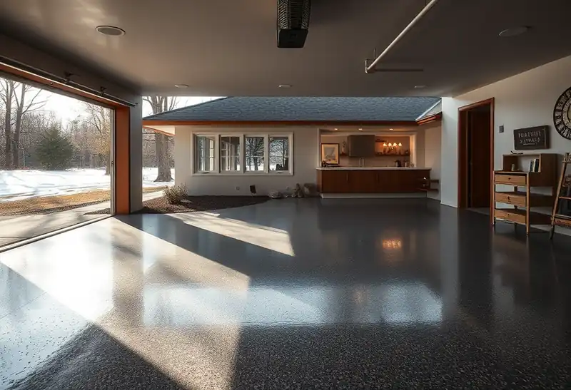 Illustration of garage floor with a glossy flake epoxy coating in a 1953-era home