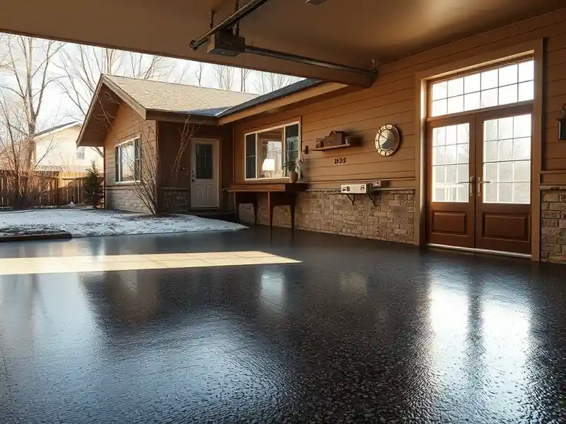 Illustration of close-up of materials and finishes of garage floor with a glossy flake epoxy coating in a 1953-era home