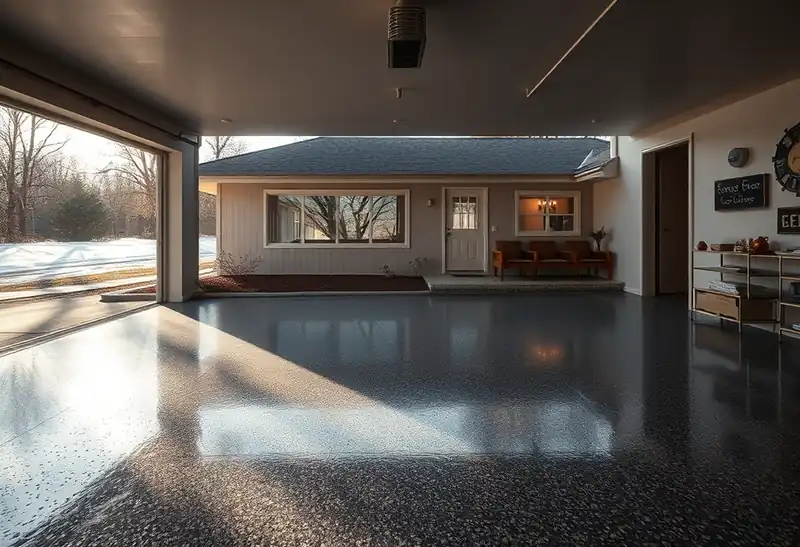 Illustration of garage floor with a glossy flake epoxy coating in a 1953-era home