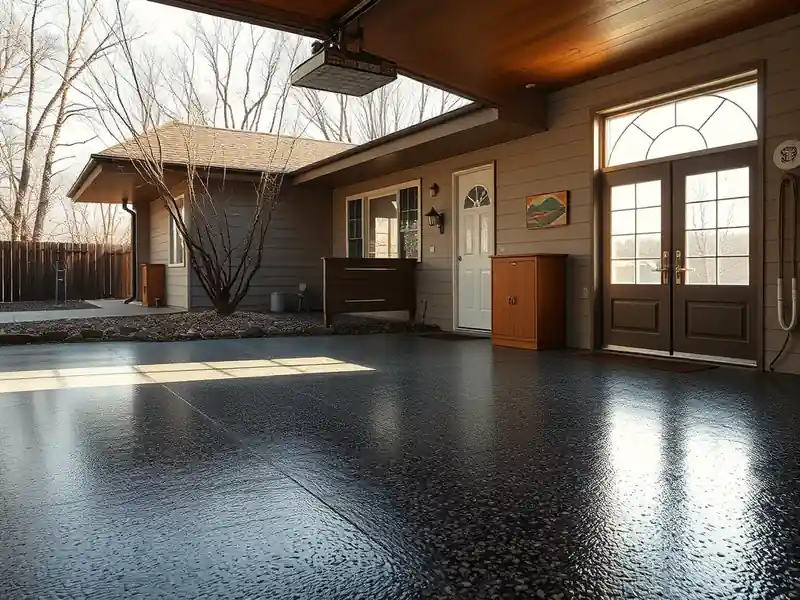 Illustration of close-up of materials and finishes of garage floor with a glossy flake epoxy coating in a 1953-era home