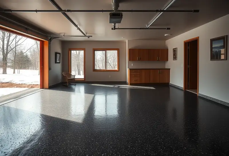 Illustration of garage floor with a glossy flake epoxy coating in a 1953-era home