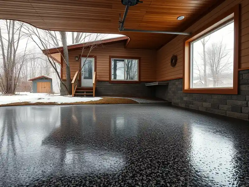 Illustration of close-up of materials and finishes of garage floor with a glossy flake epoxy coating in a 1953-era home