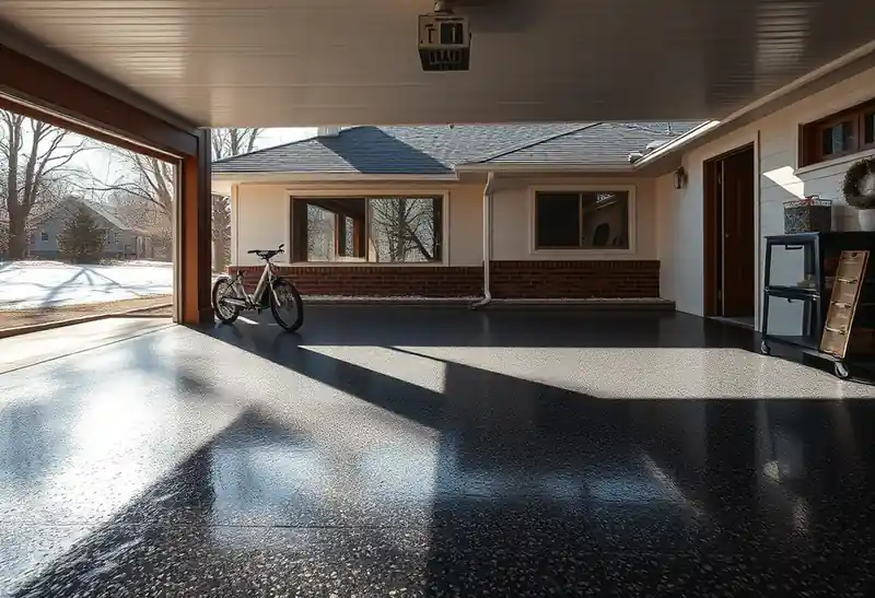 Illustration of garage floor with a glossy flake epoxy coating in a 1953-era home