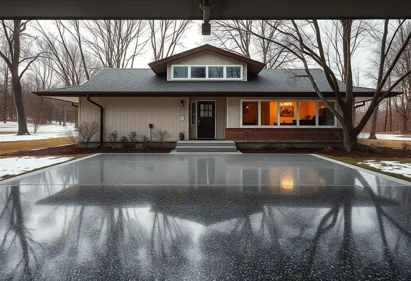 Illustration of garage floor with a glossy flake epoxy coating in a 1953-era home