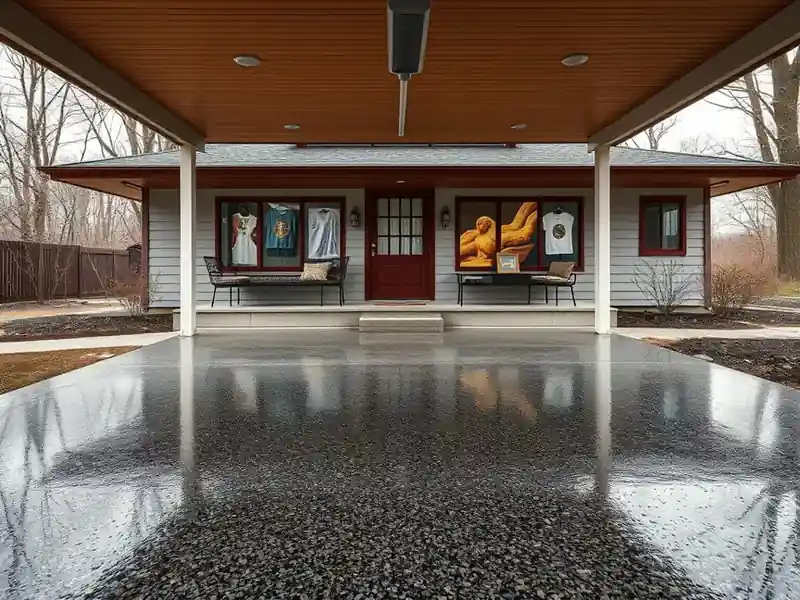 Illustration of close-up of materials and finishes of garage floor with a glossy flake epoxy coating in a 1953-era home