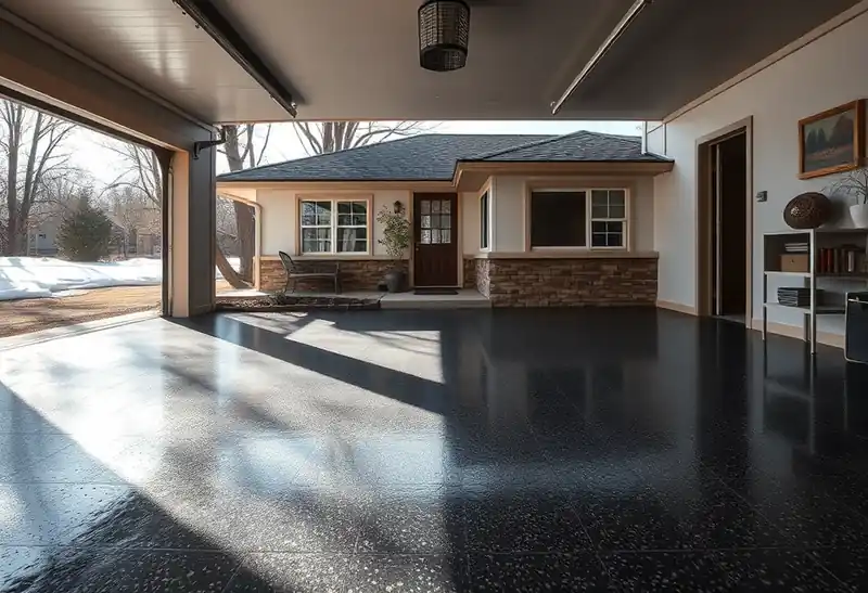 Illustration of garage floor with a glossy flake epoxy coating in a 1953-era home