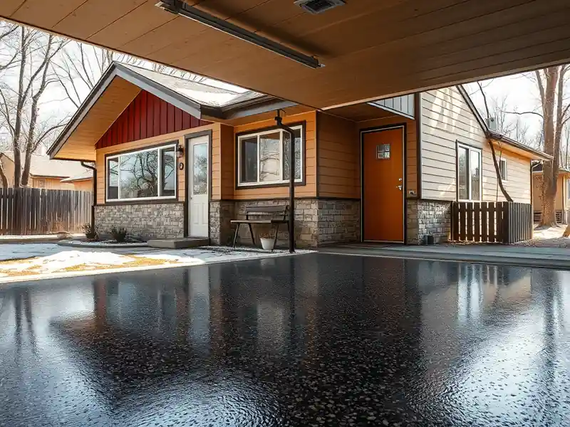 Illustration of close-up of materials and finishes of garage floor with a glossy flake epoxy coating in a 1953-era home