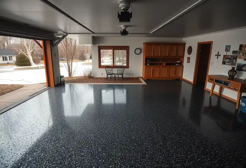 Illustration of garage floor with a glossy flake epoxy coating in a 1953-era home