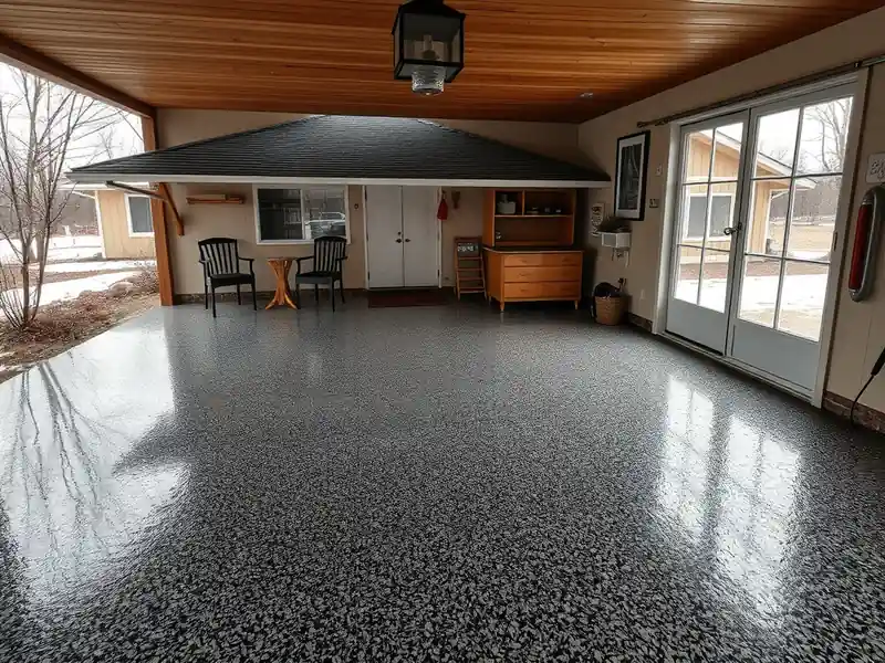 Illustration of close-up of materials and finishes of garage floor with a glossy flake epoxy coating in a 1953-era home