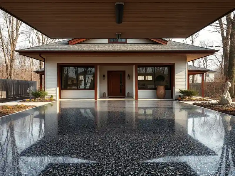 Illustration of close-up of materials and finishes of garage floor with a glossy flake epoxy coating in a 1953-era home