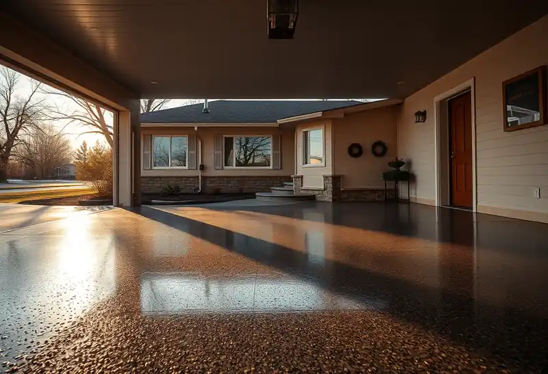 Illustration of garage floor with a glossy flake epoxy coating in a 1953-era home