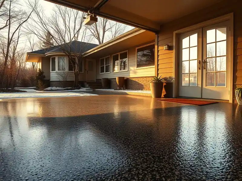 Illustration of close-up of materials and finishes of garage floor with a glossy flake epoxy coating in a 1953-era home